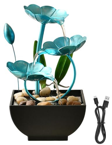 Tabletop Water Fountain 5x5x9in Indoor Lotus Decor Waterfall Fountain USB Powered Mini Zen Relaxation Flower for Office, Living Room, Bedroom (Blue)
