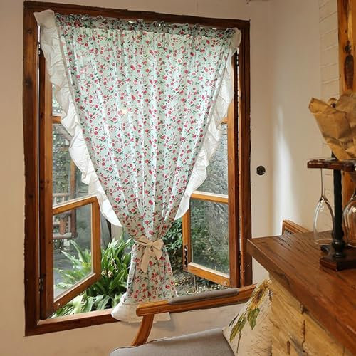 Epinki Blau Rot Weiß Scheibengardinen Lang Balkontür Blickdicht 1Pcs, Blumen mit Rüschensaum Scheibengardinen Esszimmer, Rod Pocket Baumwolle Leinen Vorhang Blickdicht mit Muster, 160x110cm