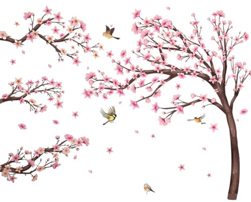 Wandtattoo, Kirschblüte Rosa Baum Ast Wandaufkleber, 4 Blatt 30cm x 90cm Kirschbaum Blumen Blüten Vögel auf Baum Wandsticker für Wohnzimmer Schlafzimmer Sofa Hintergrund Mädchenzimmer Wanddeko