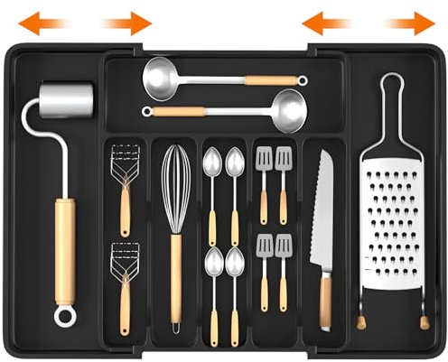 CIOXSOIO Portaposate per cassetti, inserto per posate regolabile, inserto per cassetti da cucina, espandibile fino a 33-57 cm, in plastica nera, organizer per cucchiai, coltelli, forchette
