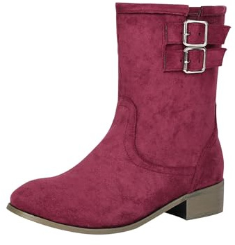 Korta cowboystövlar för kvinnor enfärgade plus size ankelstövlar för kvinnor låg klack mocka mode spetsig tå västerländsk stövel med metallspänne mjuk bekväm varm damer vinterstövel, vin, 36 EU