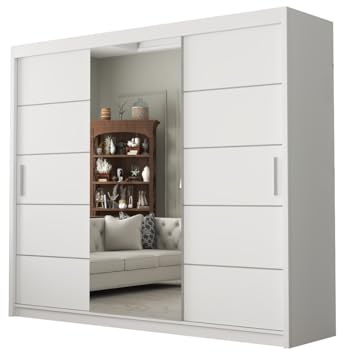 DELUXEWARE 2&3 Doors Sliding Door Wardrobe with Matt Finish – Bedroom Wardrobe with Full Length Mirror, Hanging Rail & Shelves | Strong MDF Storage Cabinet for Bedroom Furniture. (White, 250cm)