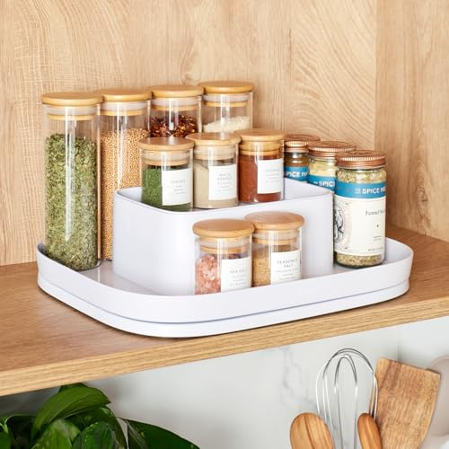 YouCopia MagicTrack Rectangle Lazy Susan Turntable 2-Tier Spice Rack: Jar & Bottle Storage Organizer for Kitchen and Bathroom with 360° Spin, Non-Slip, White Speckled BPA-Free