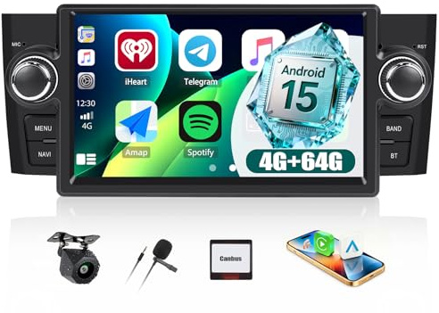 Android 15, 4G+64G GOHHDL Carplay Autoradio Navi per Fiat Punto 2005-2009 Linea 2007-2011 Carplay Android Auto, Radio da 7 Pollici con GPS WiFi Bluetooth FM/RDS SWC Retrocamera&MIC