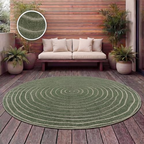 Paco Home Teppich Outdoor Wetterfest, Moderne abstrakte Boho Designs mit 3D Struktur, Pflegeleicht, ideal für Terrasse Wohnzimmer & Küche, Grösse:120 cm Rund, Farbe:Grün 5