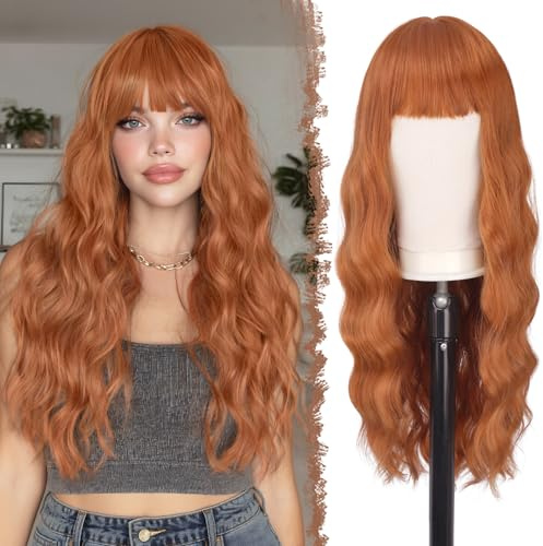 FESHFEN Gewellte Perücke mit Pony - Lange Wellen Auburn Perücken für Damen Natürliche Synthetik Hitzebeständig Haarperücke für Tägliche Party Cosplay Karneval, 65 cm