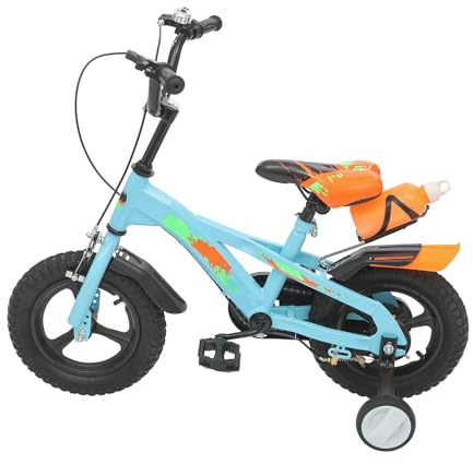 Mqwdxzfes Färgglad 12 tums barncykel med stödhjul och drickflaska, justerbar höjd barncykel med drickflaska, uppgraderad barncykel för pojkar, flickor, ålder 2–5 år (blå)