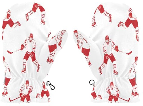 SUABO Playing Ice Hockey Red and White Pattern Kids Mittens Snow Gloves for Boys Girls Winter Ski Gloves Toddler Mittens