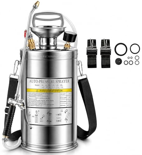 8L Edelstahl Drucksprüher mit Manometer & Sicherheitsventil, Profi Hand Pumpsprüher mit verstärktem Schlauch und Verstellbarer Messingdüse, Drucksprühgerät für Garten, Reinigung & Desinfektion