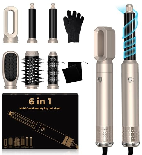 UKLISS Hairstyler 6 i 1 hårstyler Air Styler Set 1 000 W hårtork | med rund borstfön, Air Curler, varmluftsborste, hårtorksborste, plattborste | Styling för alla hårtyper – silver guld