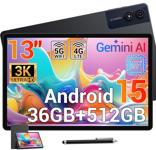 MAXLEGEN Tablet 13 Zoll, 3K Display 2944×1840, 36GB RAM+512GB ROM/TF 1TB, Helio G99 Gaming Tablet, 4G LTE Dual SIM + 5G WiFi, Android 15, 11580mAh/Gemini AI/13MP/GPS/GMS, inkl. Pen/Hülle