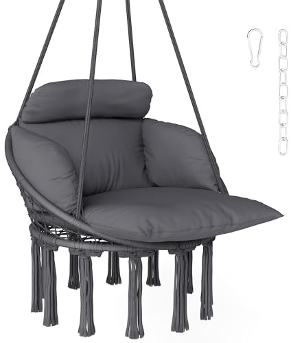 Outsunny Chaise Suspendue avec Grand Coussin rembourré, Fauteuil Suspendu à Franges, kit de Suspension Inclus, hamac Cadre en Acier, Tissage serré, Gris foncé
