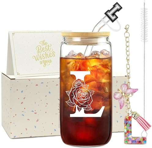 ZIOSINM Cadeau Anniversaire Femme Tasse Personnalisable Cadeau Femme | A-Z Lettre 500 ml Verre Matcha, Verre avec Ouvercle et Paille + Porte-clés, Idee Cadeau Femme pour Noël ou Saint-Valentin