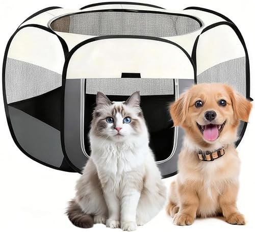 Tragbarer Welpenauslauf Grau, 110x110x60cm Welpenlaufstall Hundebox Faltbar Katzengehege Wohnung, Wasserdichtes Oxford Tuch Laufstall Hund,Katzenkäfig Hundekäfig für Katzen, Hunde