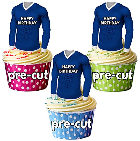 AK Giftshop PRECUT Happy Birthday Football Shirts - Edible Cupcake Toppers/Cake Decorations Blue Shirt Top (Pack of 12)