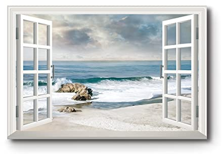 Renditions Gallery Nature Wall Prints Window View Decor for Home Awash on the Sandy Beach Shore Canvas Hanging Pictures for Bedroom Office Home Decorations - 12X18 LT04