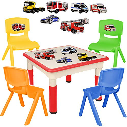 alles-meine.de GmbH Sitzgruppe für Kinder - Tisch + 4 Kinderstühle - Größen & Motiv & Farbwahl - Feuerwehr & Polizei Auto/rot - höhenverstellbar - 1 bis 8 Jahre - Plastik - für..