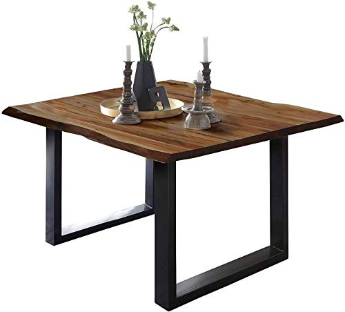 SAM Esszimmertisch 80x80 cm ULM, Baumkantentisch nussbaumfarben, Akazienholz massiv, U-Gestell aus Metall schwarz