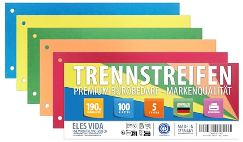 Trennstreifen Intensive Farben 100 Stück – 5 Farben sortiert, 24x10,5cm, Gelocht, 190g/m²,Trennlaschen für DIN A4 Ordner für Büro, Uni & Schule, Bedruckbar, BLAUER ENGEL zertifiziert, Made in Germany