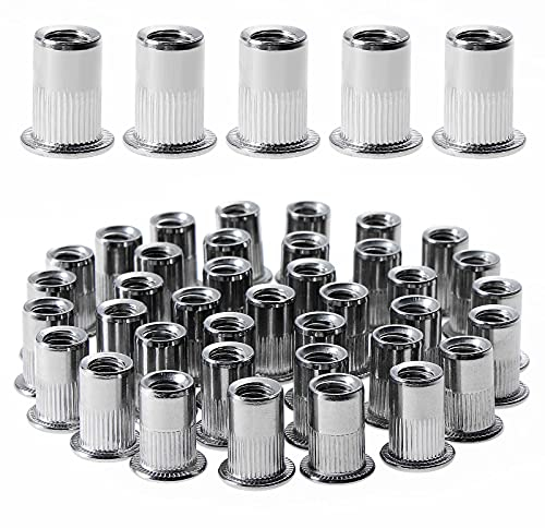 Gueenky 100 pièces M6 écrou à rivet fileté à tête plate, écrous à riveter fileter en acier inoxydable, assortiment inserts filetés pour mental plastique (12 mm * 15 mm)