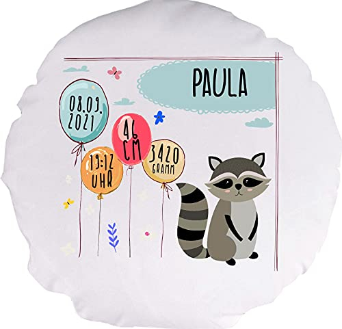 Kleckerliese Baby Kinder Kissen Kissenhülle Tiere Motiv, Waschbär mit Wunschname Datum Uhrzeit Gewicht Balon Wolken, 40 cm Farbe Weiß mit Füllung
