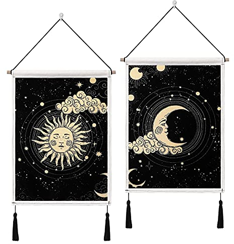 Betylifoy 2 Stück Mond und Sonne Wandteppich mit Quasten Tarot Schwarz Banner Wandbehang Tapisserie Bohemian Psychedelisch Wandkunst Dekor für Schlafzimmer Wohnzimmer