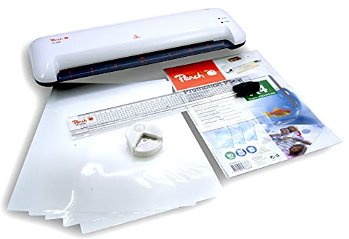 Peach Set di laminazione 4 in 1 con plastificatrice A4, rotella ad angolo, taglierina a rulli e pellicole – per casa e ufficio – adatto per tutte le comuni pellicole di tutte le dimensioni fino a max