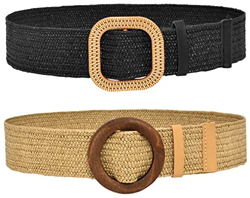 DUOXIN 2 delar halmvävd elastisk stretch midjebälten, mode boho damer flätat bälte etnisk stil vävt bälte brett klänningsbälte för kvinnor flickor, Svart+brunt, 110