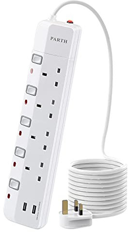 PARTH Extension Lead 5m with USB Slots Surge Protected Extension Cable Extra Long Heavy Duty Cord 4 Gang 5 Metre Plug Extension Socket 13A 3250W UK 4 Way 240V Wall Mountable Power Strip with Switches