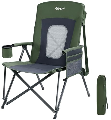 Porta Silla de camping plegable y reclinable, con respaldo alto, resistencia hasta 180 kg, silla de pesca, silla de jardín con bolsa y portavasos, ideal para jardín, balcón y picnic