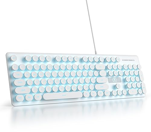 Sólido Teclado de Membrana 100%,104 Teclas Punk Máquina de Escribir Retro,Teclado de Membrana de Teclas Redondas,con Cable USB para PC/Win/Mac/Ordenador portátil(Americano QWERTY)(V300 White)