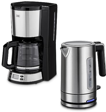 KHG Frühstücksset Wasserkocher & Kaffeemaschine, Edelstahl Chrom, Kapazität 1 Liter & 12 Tassen Kaffee, präziser Ausgießer, 360° Sockel, LCD-Display, Permanentfilter, Star- & Uhrzeit-Taste