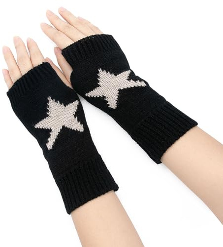 YAMEIZE Y2K Fingerless Star Printed Knitted - Gloves for Women Men Autumn Winter Warm Gloves Clothes Knitted Outdoor Driving