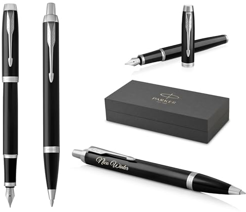 PARKER IM Core Füllfederhalter und Kugelschreiber mit Gravur | Premium Stift | Geschenkbox | schwarze Mine | personalisiertes Geschenk | Namen | graviert | Geburtstag (Black Lacquer C.C.)