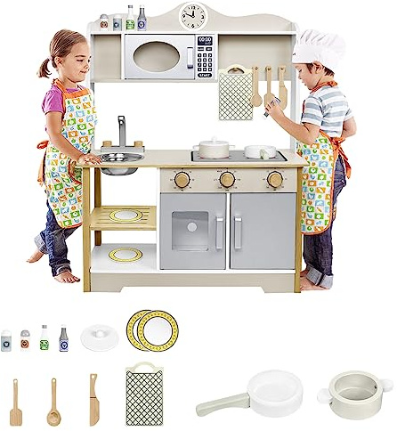 HENGMEI Barnkök, barn, köksleksaker, set, träkök, baby, lekköksset med trätillbehör, mikrovågsugn, diskbänk, leksakskök, köksset för barn, 65 x 24 x 85 cm, typ A