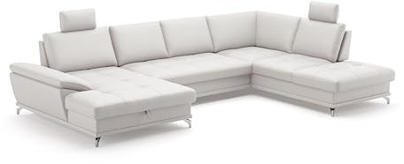 Cavadore Wohnlandschaft Castiel mit Federkern / Sofalandschaft mit XL-Longchair, Sitztiefenverstellung, Kopfstützen und satinierten Metallfüßen / 363 x 89-104 x 223 / Echtleder, Weiß