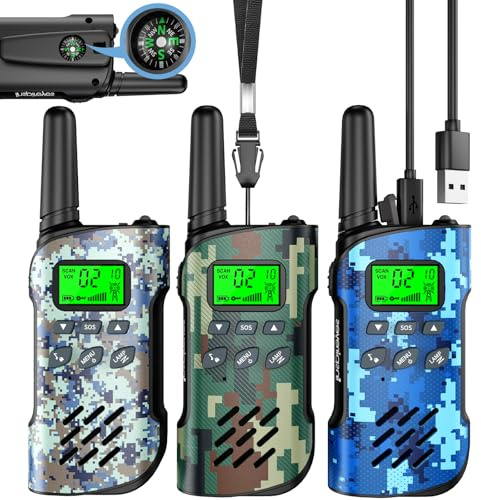 Inspireyes Walkie Talkies for Kids Rechargeable, 48 Hours Working Time 2 Way Radio Long Range, Outdoor Camping Games Toy Birthday Xmas Gift for Boys Girls Age 5 6 8-12, Built-in Compass, 3 Pack Camo