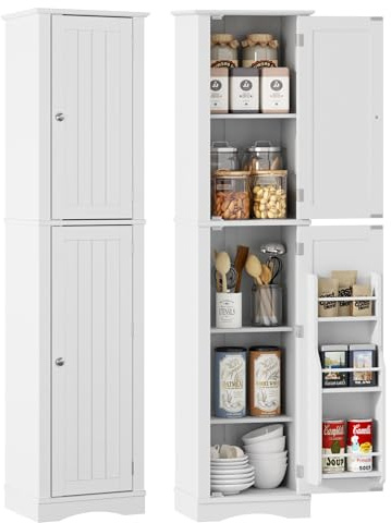 Function Home Tall Bathroom Storage Cabinet, 64 Slim Kitchen Pantry with Door Storage, Narrow Wood Freestanding Cabinets with Adjustable Shelves for Kitchen Living Room Dining Room, White