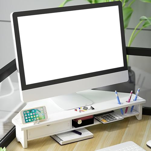 YANBI Monitorständer 2-stufiger Monitorständer für Die Ecke, Weißes Büroregal mit Schublade und Stifthalter, Computerhalter mit Dreieckiger Bildschirmerhöhung