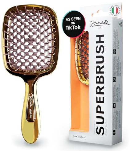 Janeke Superbrush Entwirrungsbürste für weiches, glättendes Haarbürsten mit antistatischen Borsten – belüftete Nasshaarbürste zum Föhnen – perfekt für lockiges, dickes, welliges, feines Haar (Gold)