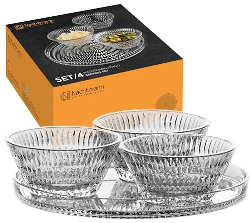 Nachtmann Ethno Servier-Set, 4-teiliges Set aus brillantem Kristallglas, Inklusive Servierplatte/Teller und 3 Dip-Schalen, Perfekt zum Servieren von Snacks und Vorspeisen, 105766 | Set inklusive Servierplatte/Teller und 3 Dip-Schalen, Perfekt zum Servieren von Snacks und Vorspeisen