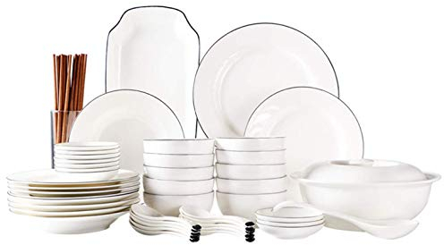 SnamicE 44-teiliges Geschirrset aus Porzellan mit weißer und schwarzer Linie, Keramik, Suppentopf, Löffel, Fischteller, Flacher Teller, Schüssel, Soßenschale