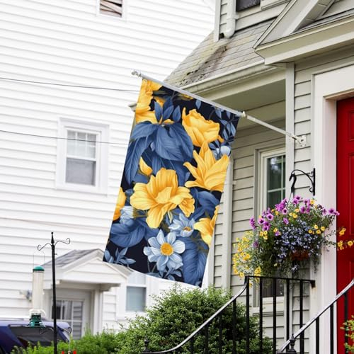Flagge, 90 x 152 cm, für den Außenbereich, Hausflagge, Gartenbanner, blaue Basis, gelbe Blume, Partyflagge für jedes Wetter, drinnen und draußen