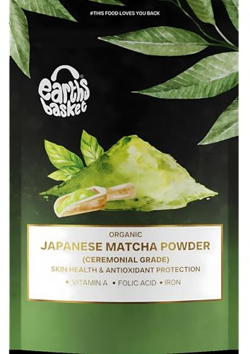 Earths Basket Organic Japanese Matcha Powder (Ceremonial Grade 120g) Uji Kyoto - 100% Pure, Antioxidant-Rich, Supports Skin Health & Immunity with Vitamin A, Folic Acid & Iron-120 servings