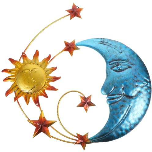 Luxshiny Mosaic Crescent Moon and Sun, Celestial Metal Art Hanging Ornament for Garden and Indoor, Boho Gold Sun Moon Wall Sculpture for Home Patio Fence Bedroom Balcony Decoration
