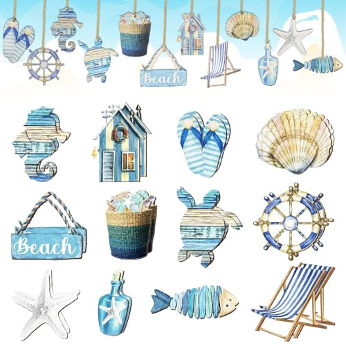 Summer Wooden Hanging Ornaments,Ocean Beach Wooden Slices Pendant for Hawaiian Tropical Christmas Tree Home Interior Hanging Decoration Party Supplies (Blue)