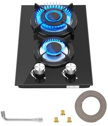 Gas Hob 2 burners, Built in Black Glass Gas Hob with Flame Out Protection,with Cast Iron Supports,NG/LPG Convertible