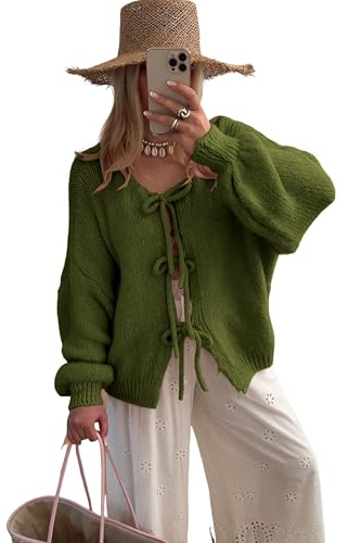 SKIKYAN Women Bowtie Oversized Knit Sweater Cardigan Y2K Long Sleeve V Neck Open Front Casual Knitwears(ArmyGreen-S)