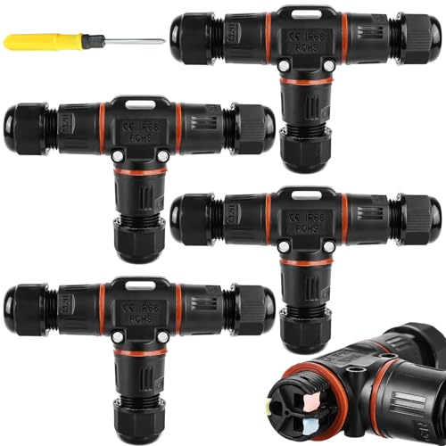 3-polig Kabelverbinder Wasserdicht IP68, T-Form Kabelverbinder Wasserdicht 3-polig Erdkabel Verbindungsmuffe für Ø3-12 mm Kabeldurchmesser, 2 Wege Wasserdichte Abzweigdose für Garten,Outdoor (4 Stück)