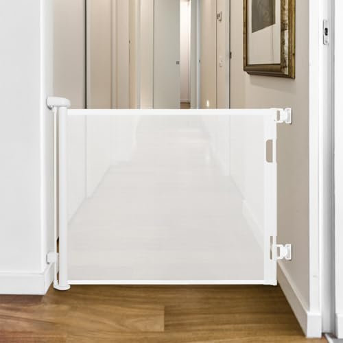 Newthinking Retractable Stair Gate for Baby and Pets, Extra Wide Mesh Baby Safety Stair Gate, Extends up to 140cm Wide, 86cm Tall, One Handed Operation for Stairways Hallways (White, 140 x 86cm)